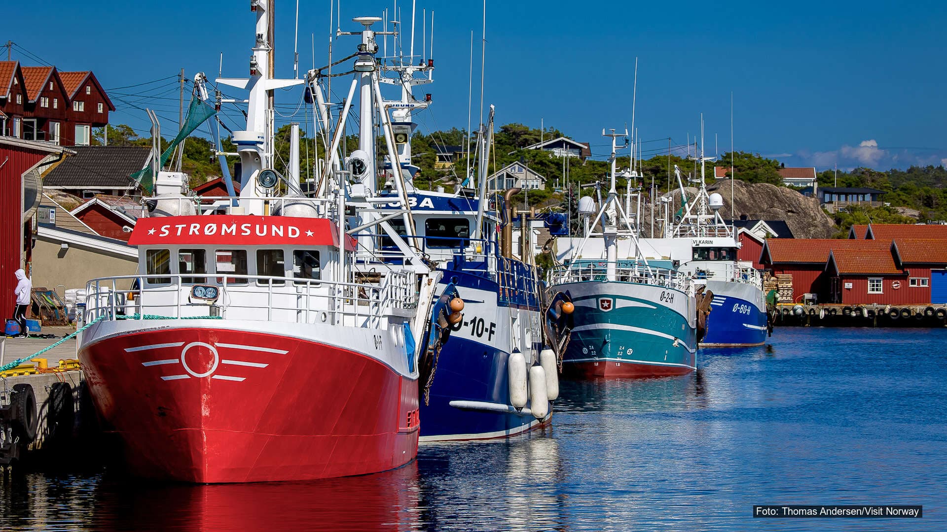 Fiskebåter i kysthavn Flere fiskebåter ligger fortøyd ved kai i en liten kysthavn med hus i bakgrunnen.